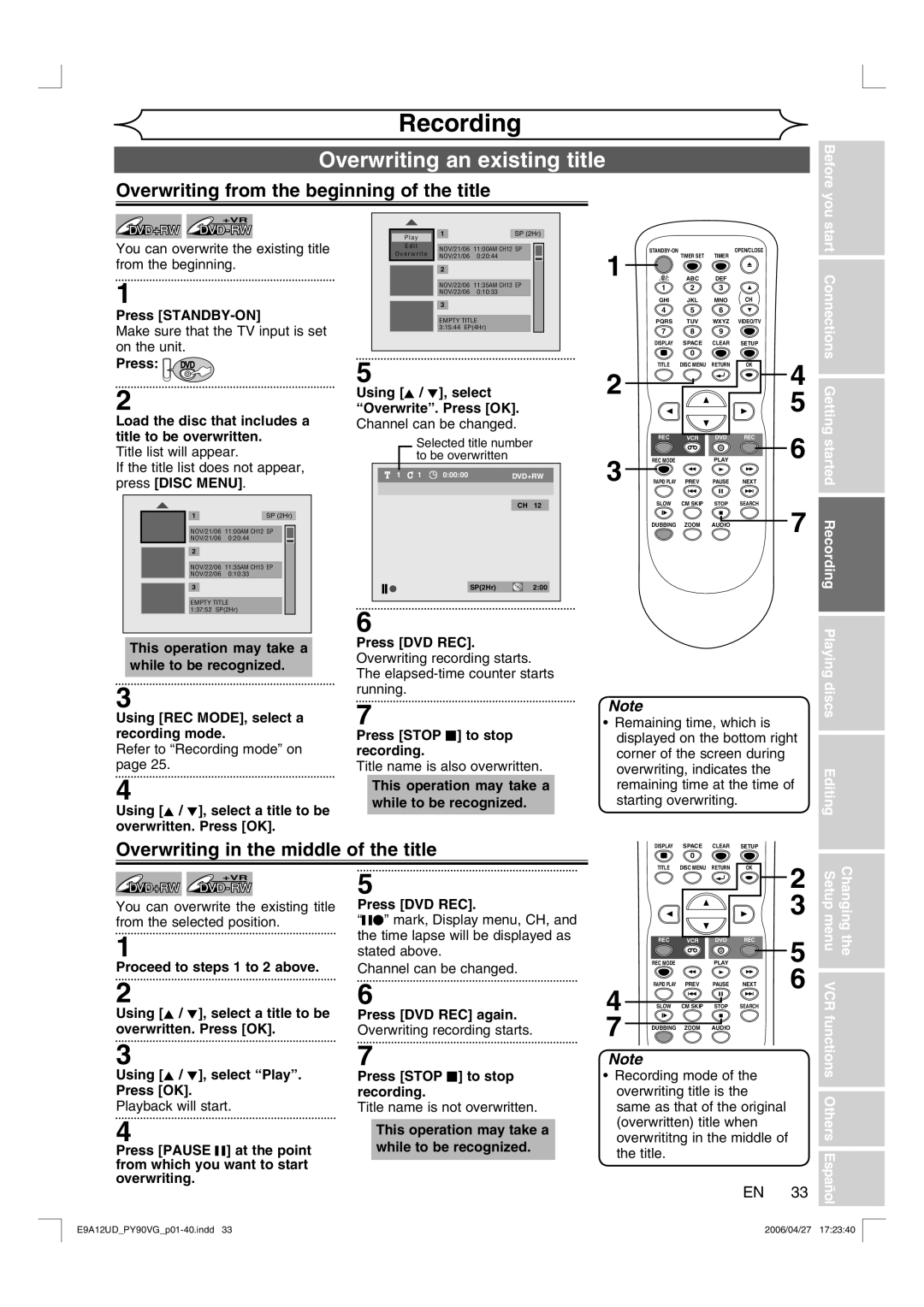 FUNAI PY90VG owner manual Overwriting from the beginning of the title, Overwriting in the middle of the title 