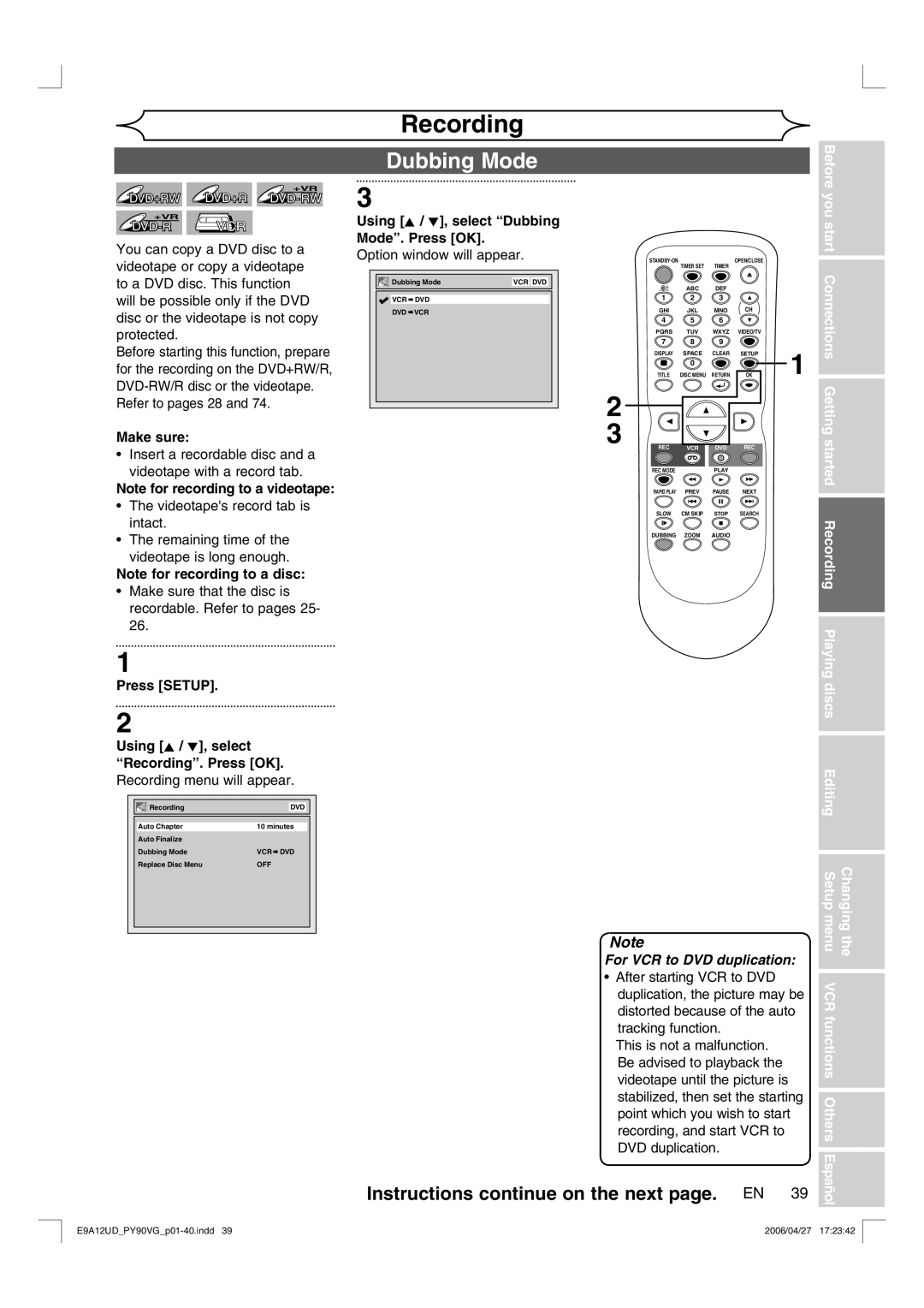 FUNAI PY90VG owner manual Dubbing Mode, Using K / L, select Dubbing, Mode. Press OK Option window will appear, Make sure 