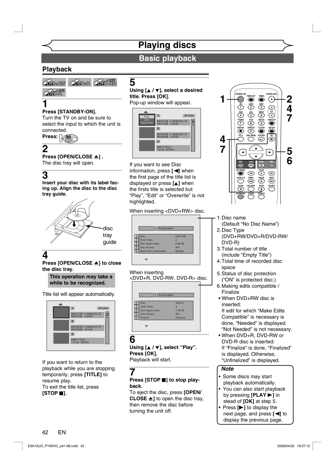 FUNAI PY90VG owner manual Basic playback, Playback, 42 EN, Stop C 