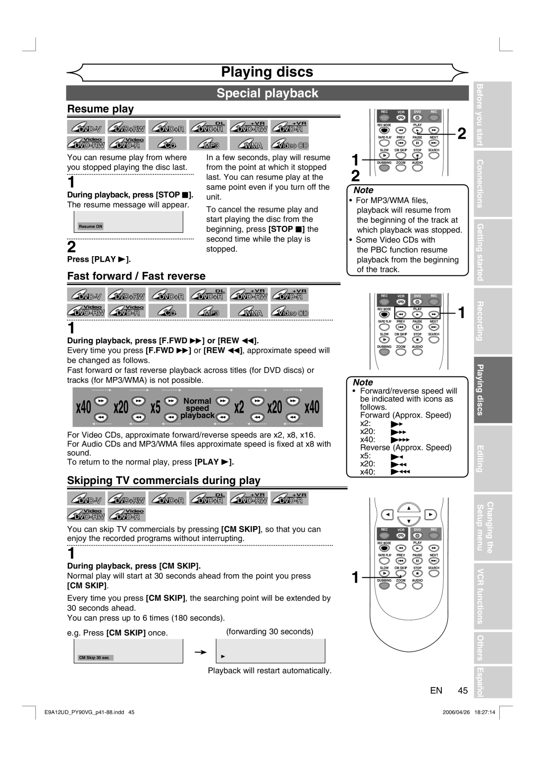 FUNAI PY90VG owner manual Fast forward / Fast reverse, Skipping TV commercials during play, X40 