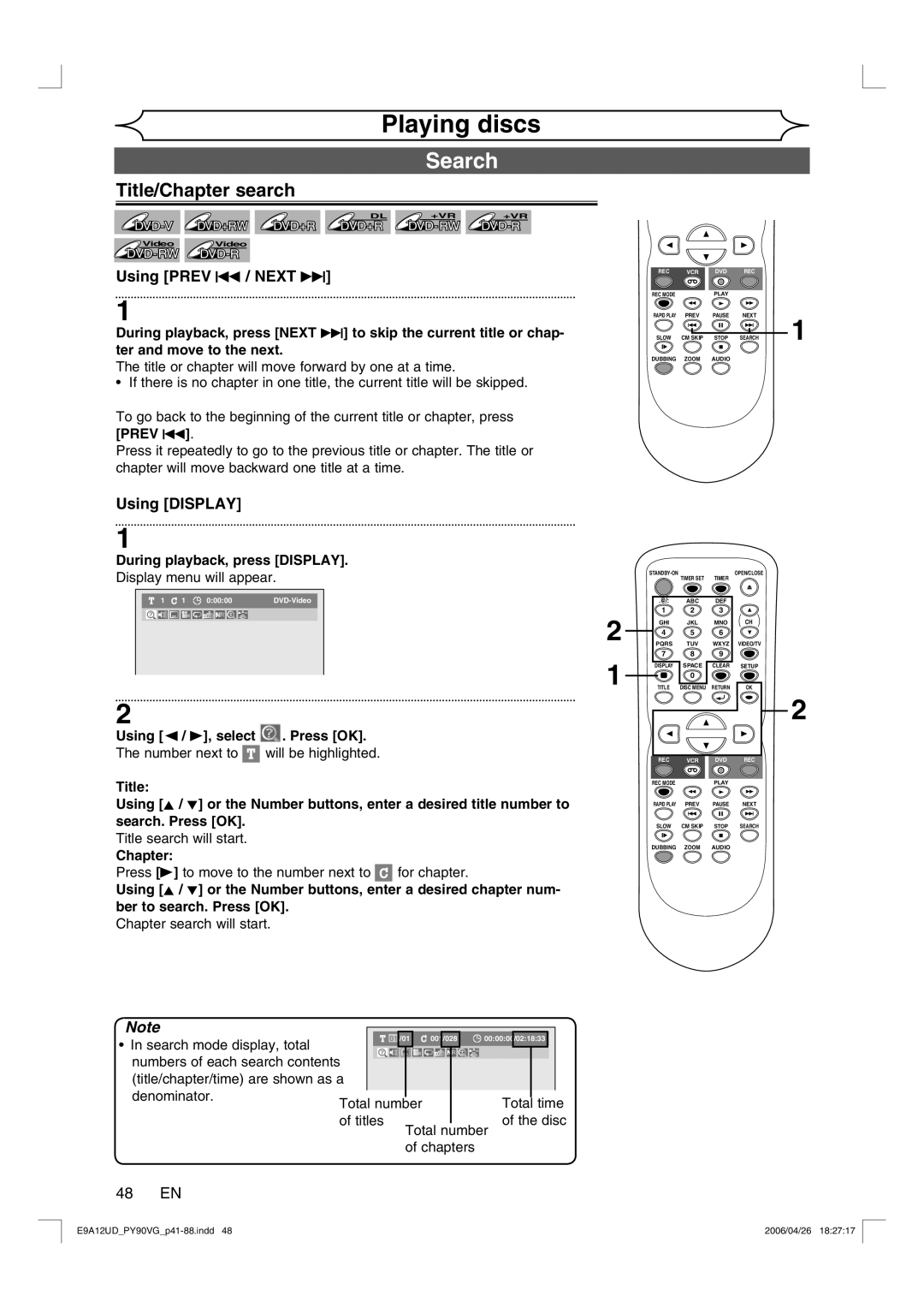 FUNAI PY90VG owner manual Search, Title/Chapter search, Using Prev H / Next G, Using Display, 48 EN 