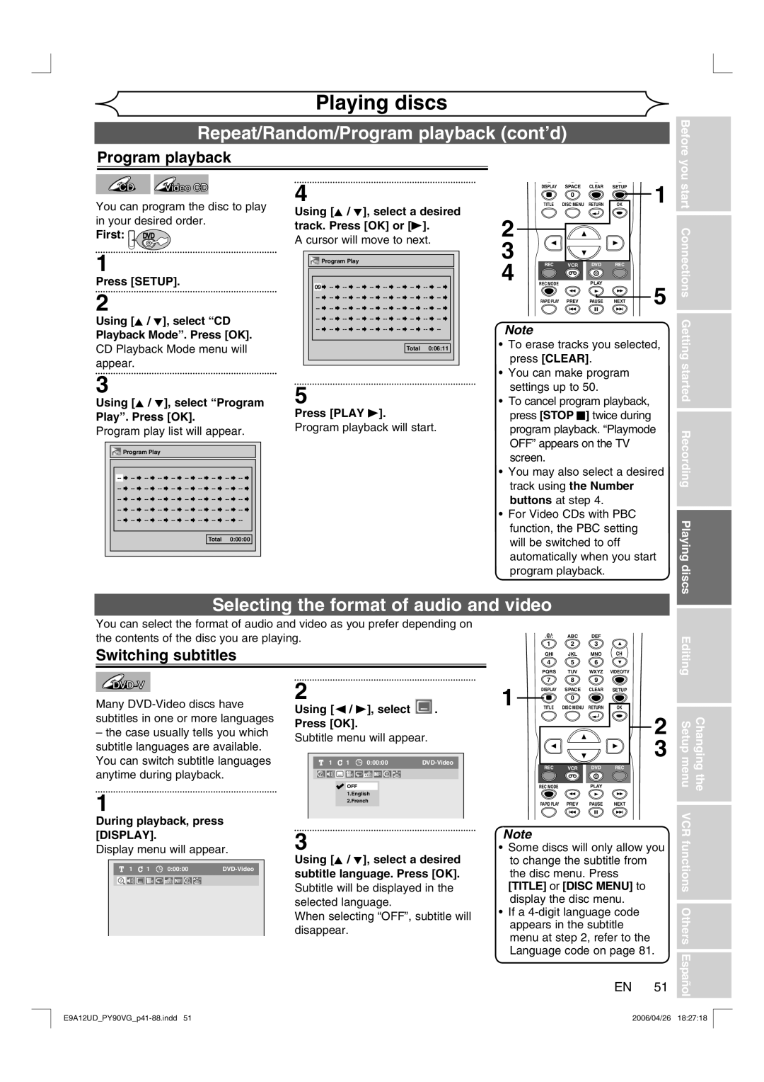 FUNAI PY90VG Repeat/Random/Program playback cont’d, Selecting the format of audio and video, Switching subtitles 