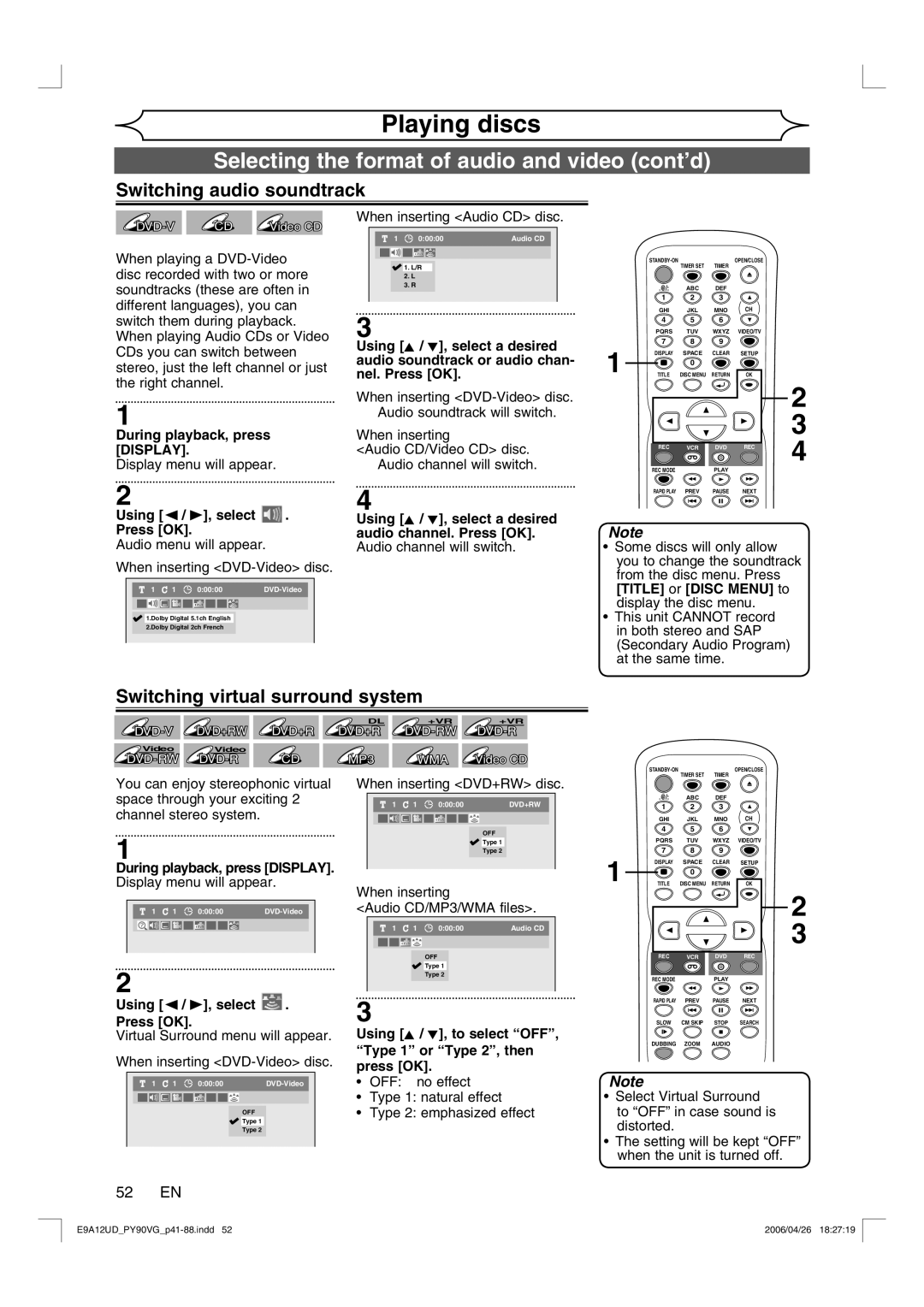 FUNAI PY90VG Selecting the format of audio and video cont’d, Switching audio soundtrack, Switching virtual surround system 