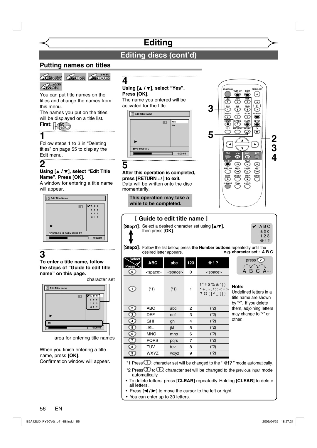 FUNAI PY90VG owner manual Editing discs cont’d, Putting names on titles, 56 EN 
