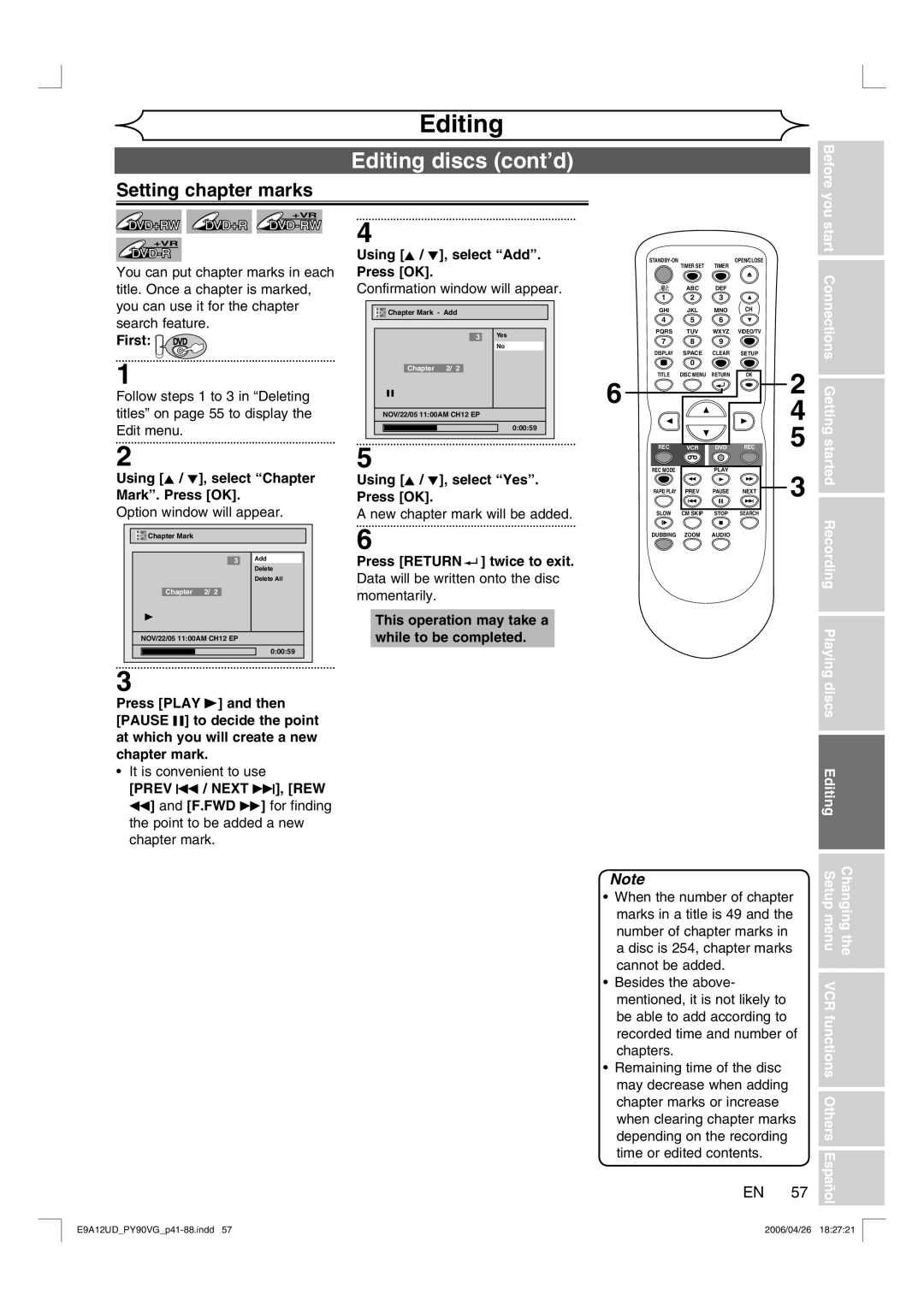 FUNAI PY90VG owner manual Setting chapter marks, Beforeyou, Prev H / Next G, REW 