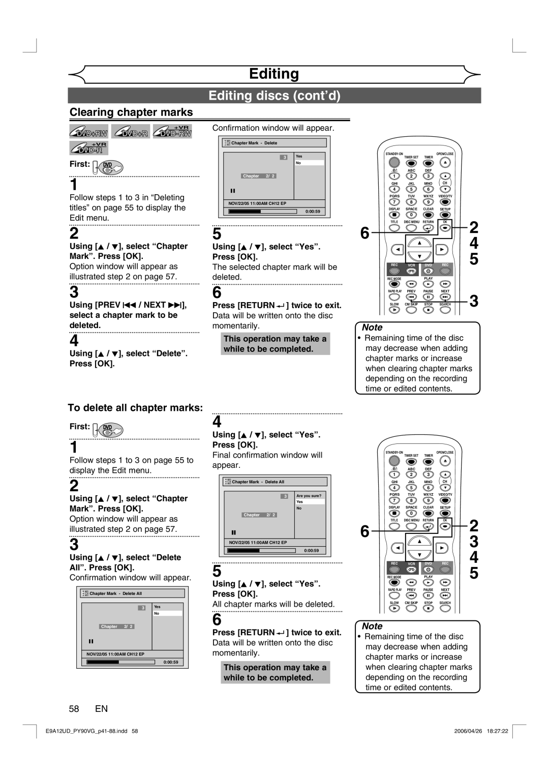 FUNAI PY90VG owner manual Clearing chapter marks, 58 EN, Using K / L, select Delete All. Press OK 