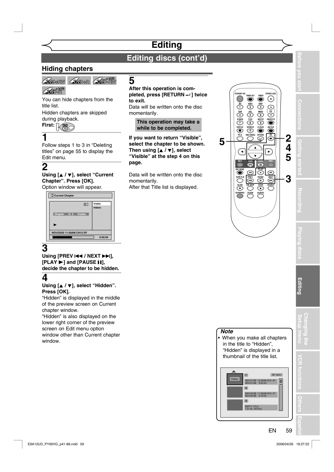 FUNAI PY90VG owner manual Hiding chapters, Using K / L, select Current Chapter. Press OK, When you make all chapters 