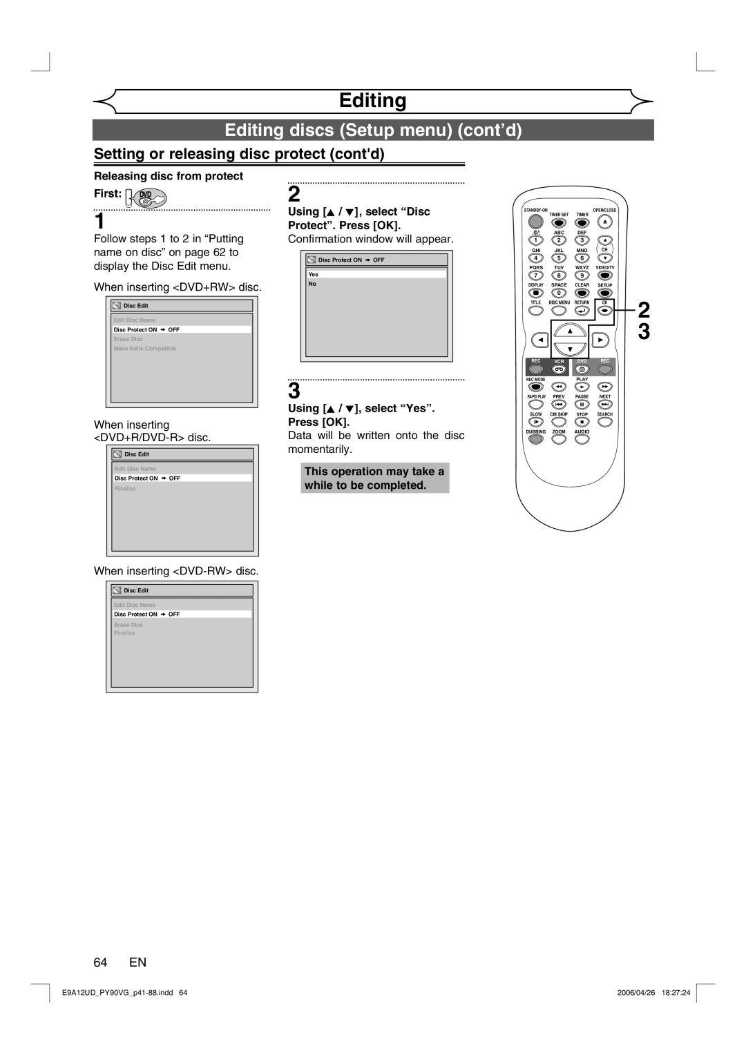 FUNAI PY90VG owner manual Setting or releasing disc protect contd, 64 EN, Releasing disc from protect First DVD 