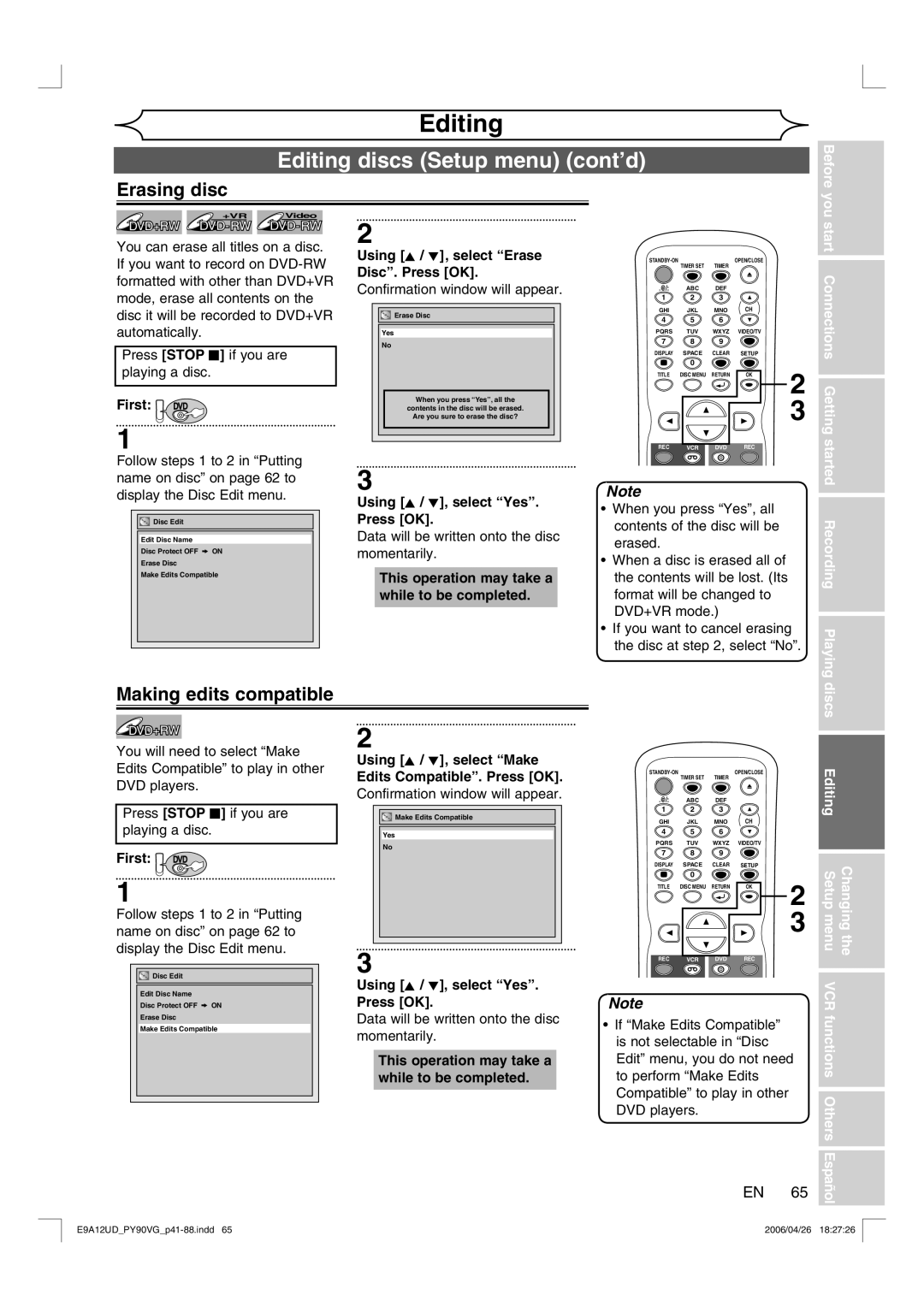 FUNAI PY90VG owner manual Erasing disc, Making edits compatible, Using K / L, select Erase, Disc. Press OK 