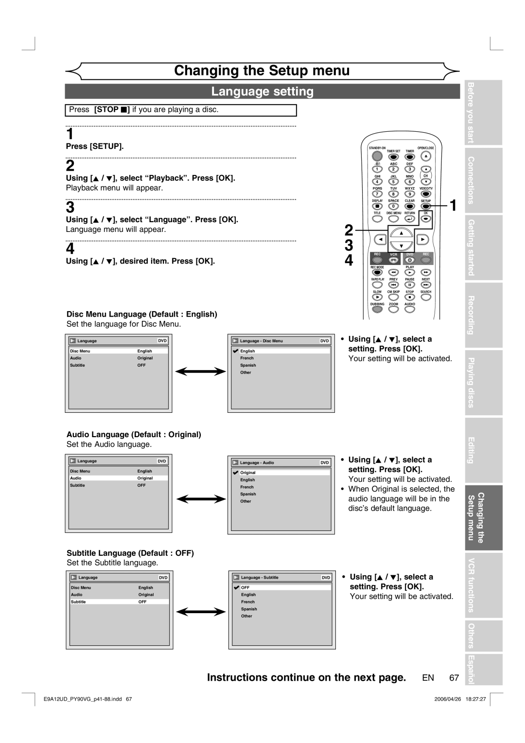 FUNAI PY90VG owner manual Language setting, Before you start Connections Getting, Started Recording Playing discs 