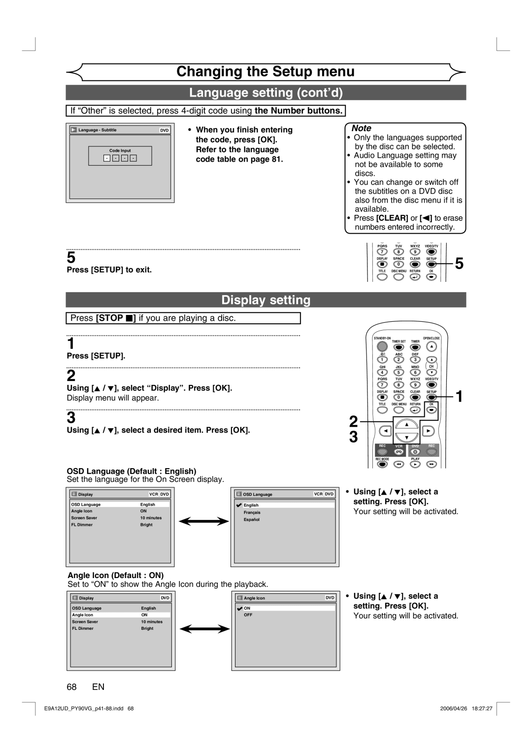 FUNAI PY90VG owner manual Language setting cont’d, Display setting, Press Stop C if you are playing a disc, 68 EN 