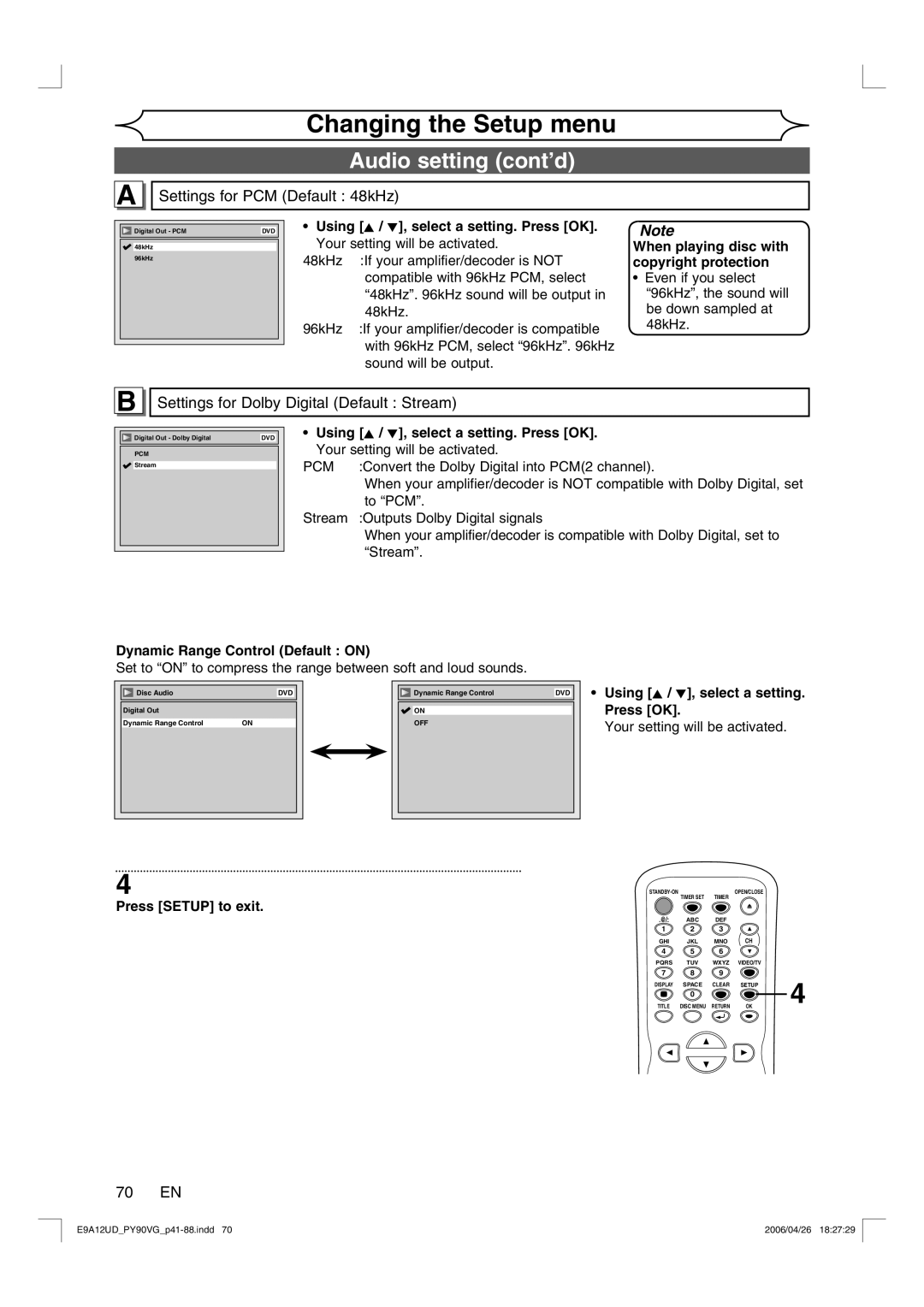 FUNAI PY90VG Audio setting cont’d, Settings for PCM Default 48kHz, Settings for Dolby Digital Default Stream, 70 EN 