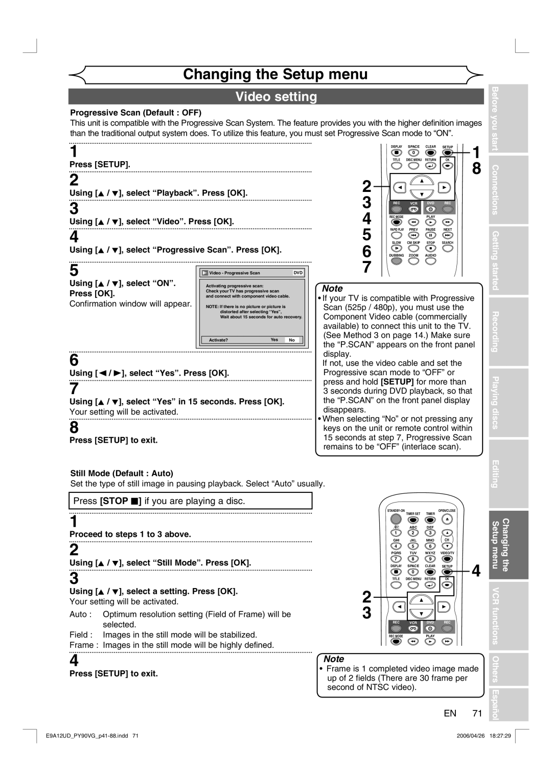 FUNAI PY90VG owner manual Progressive Scan Default OFF, Using K / L, select Video. Press OK, Using K / L, select on 