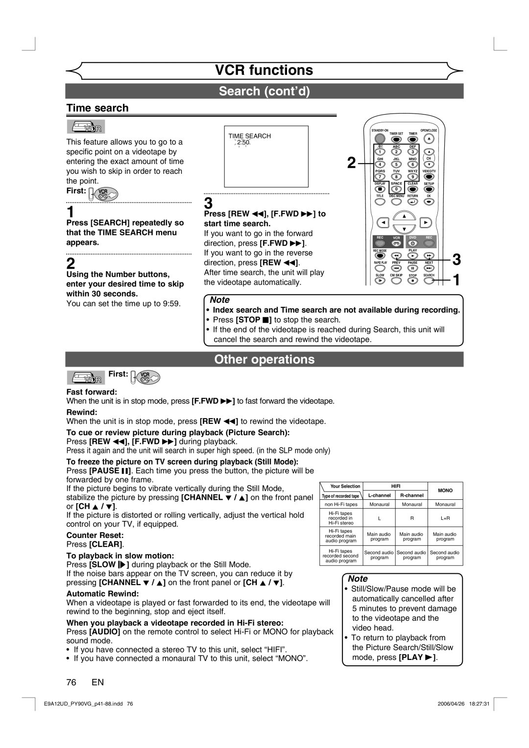 FUNAI PY90VG owner manual Searchxxxxcont’d, Other operations, 76 EN 