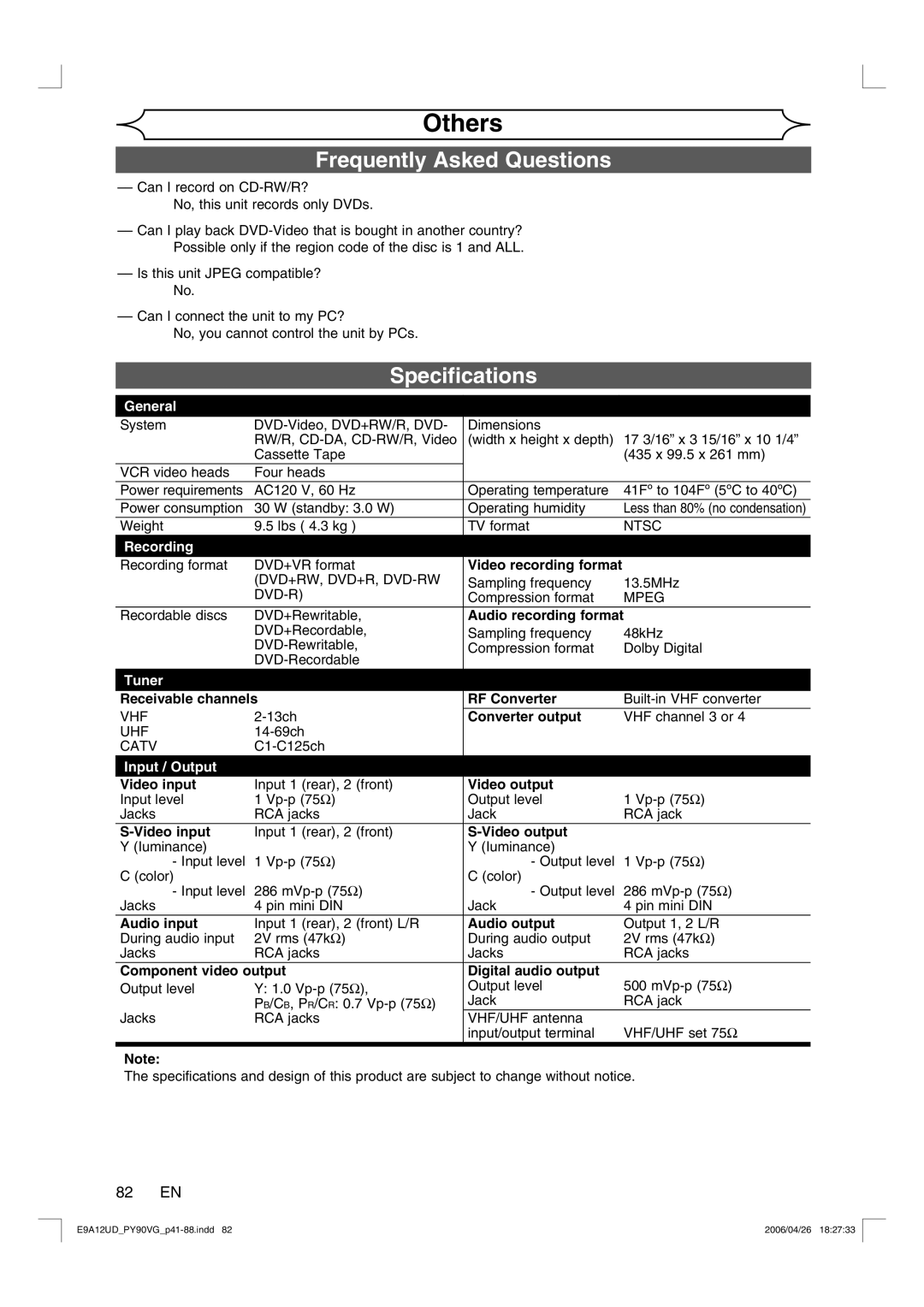 FUNAI PY90VG owner manual Frequently Asked Questions, Specifications, 82 EN 