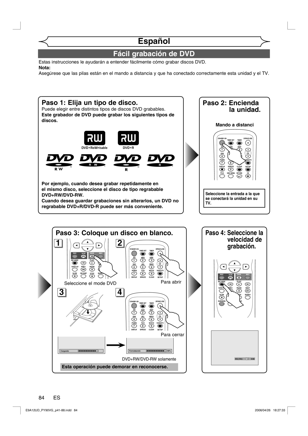 FUNAI PY90VG owner manual Español, Fácil grabación de DVD, 84 ES 