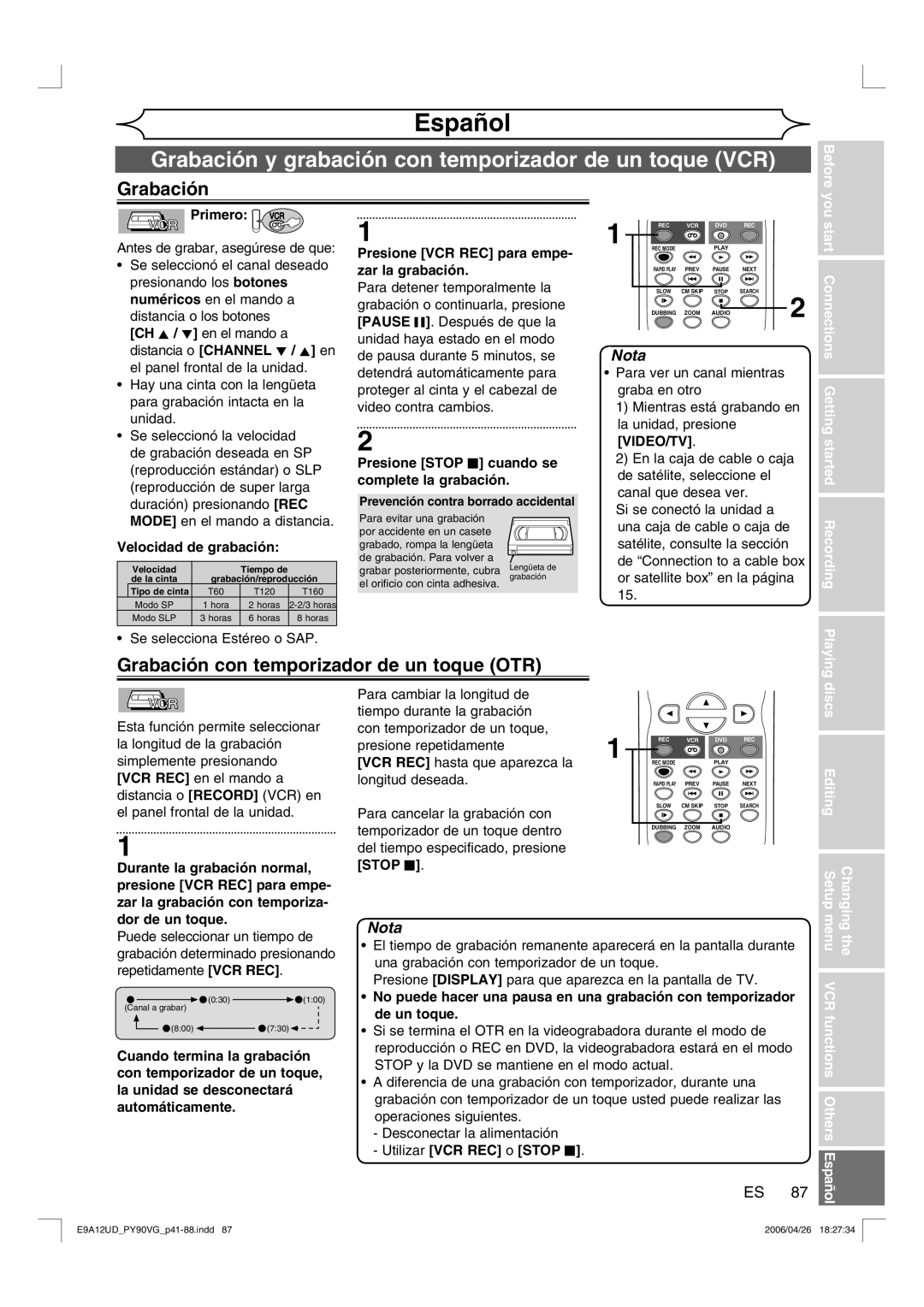 FUNAI PY90VG Grabación y grabación con temporizador de un toque VCR, Grabación con temporizador de un toque OTR, Video/Tv 