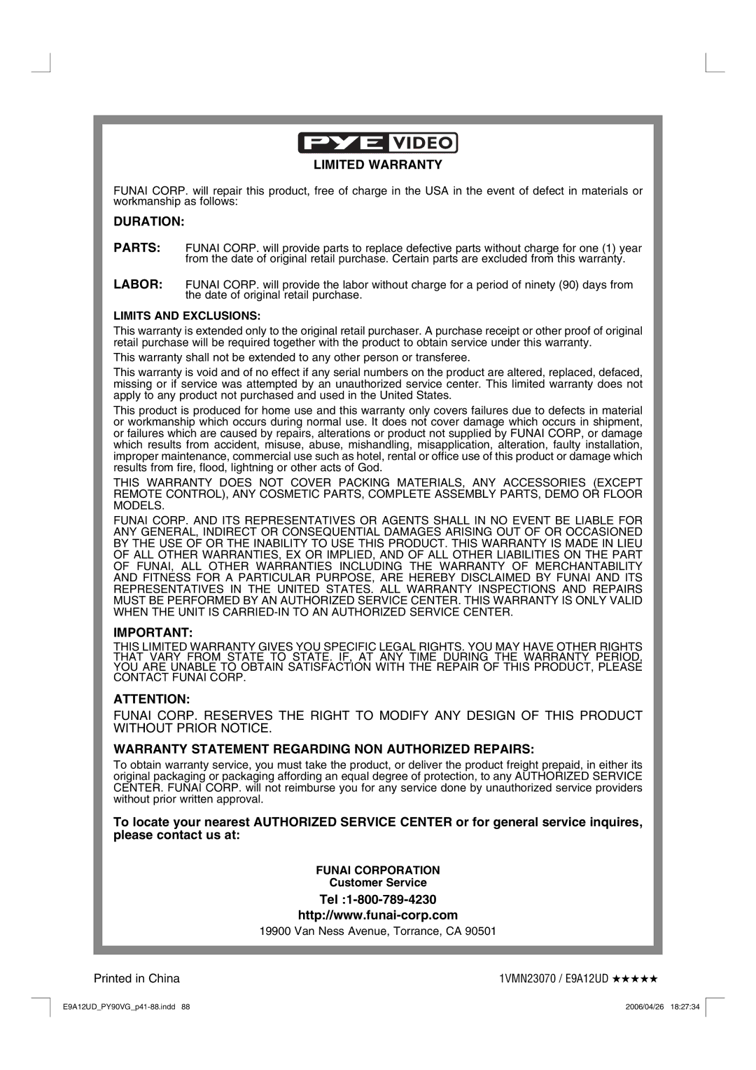 FUNAI PY90VG owner manual Tel, Limits and Exclusions, Funai Corporation, Customer Service 