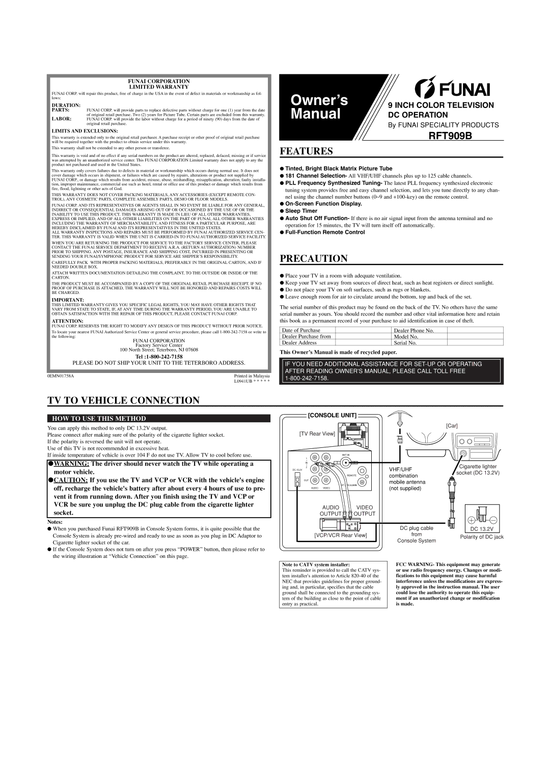 FUNAI RFT909B owner manual Features, Precaution, TV to Vehicle Connection, HOW to USE this Method, Console Unit 