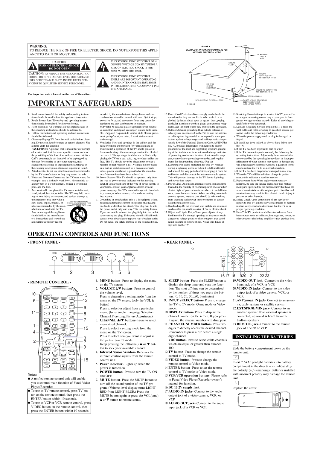 FUNAI RFT909B owner manual Important Safeguards, Rear Panel, Remote Control, Installing the Batteries 