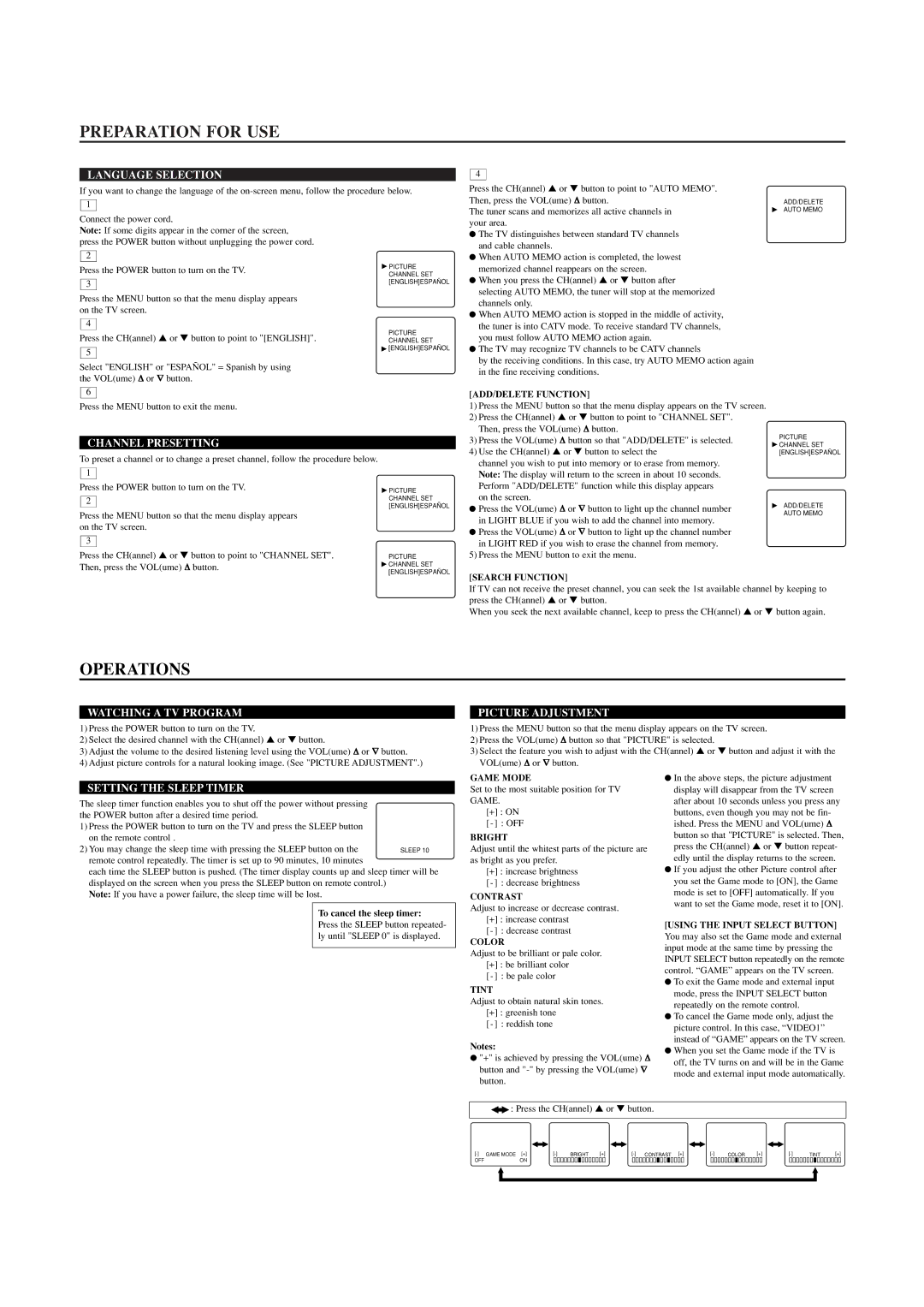 FUNAI RFT909B owner manual Preparation for USE, Operations 