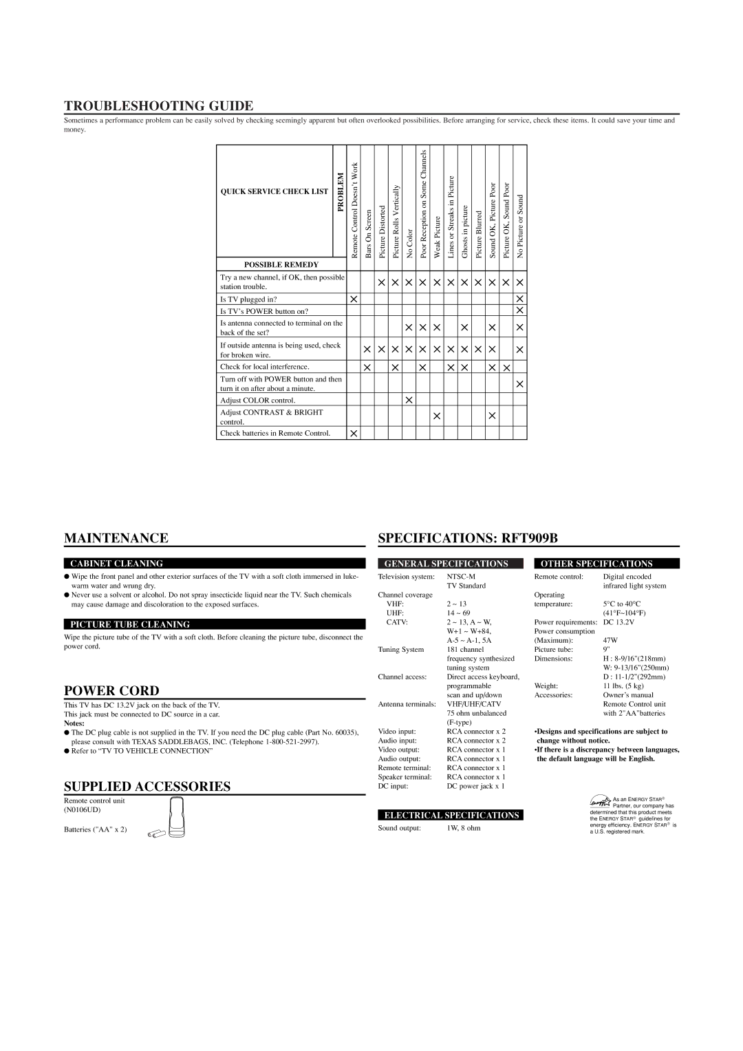 FUNAI RFT909B owner manual Troubleshooting Guide, Maintenance, Power Cord, Supplied Accessories 