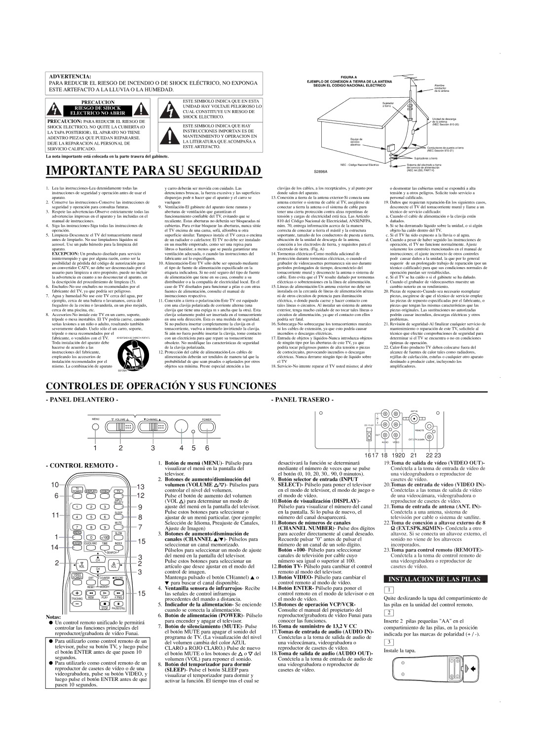 FUNAI RFT909B Importante Para SU Seguridad, Panel Trasero, Control Remoto, Instalacion DE LAS Pilas, Advertencia 