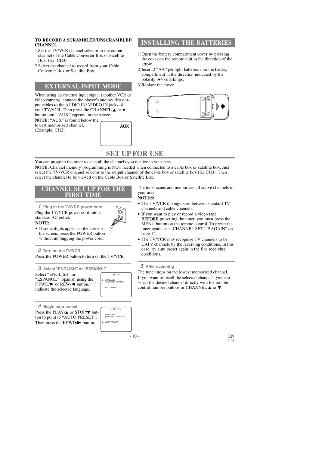 FUNAI SC1303, SC1903 SET UP for USE, External Input Mode, Installing the Batteries, Channel SET UP for First Time 