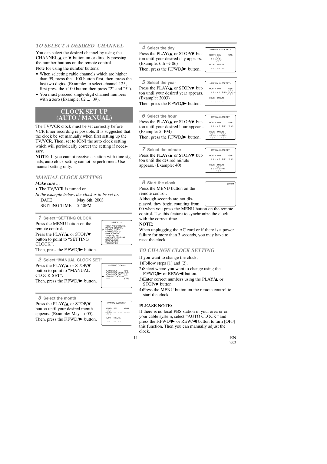 FUNAI SC1903 Clock SET UP Auto / Manual, To Select a Desired Channel, Manual Clock Setting, To Change Clock Setting 