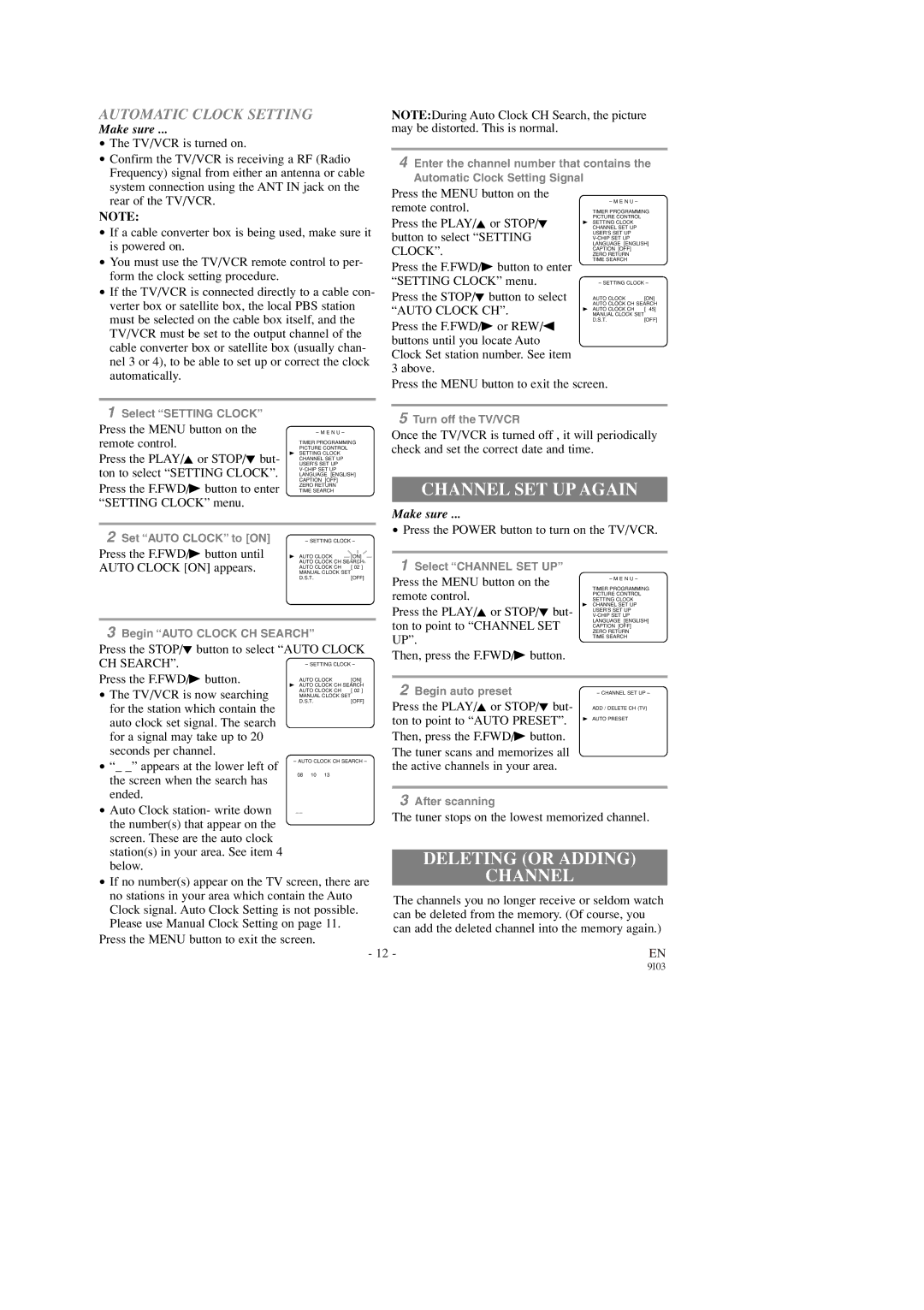 FUNAI SC1303, SC1903 owner manual Channel SET UP Again, Deleting or Adding, Automatic Clock Setting 