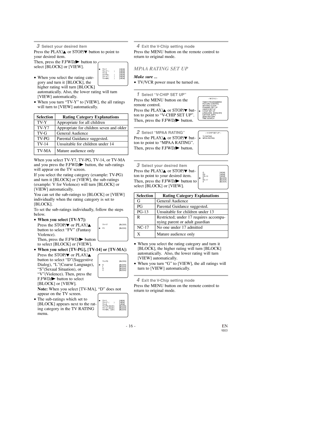 FUNAI SC1303, SC1903 owner manual Mpaa Rating SET UP, Selection Rating Category Explanations, When you select TV-Y7 