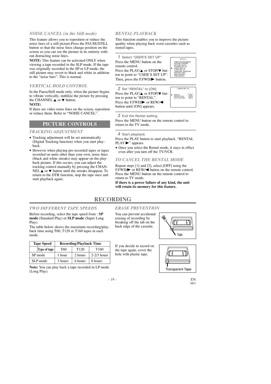 FUNAI SC1903, SC1303 owner manual Recording, Picture Controls 