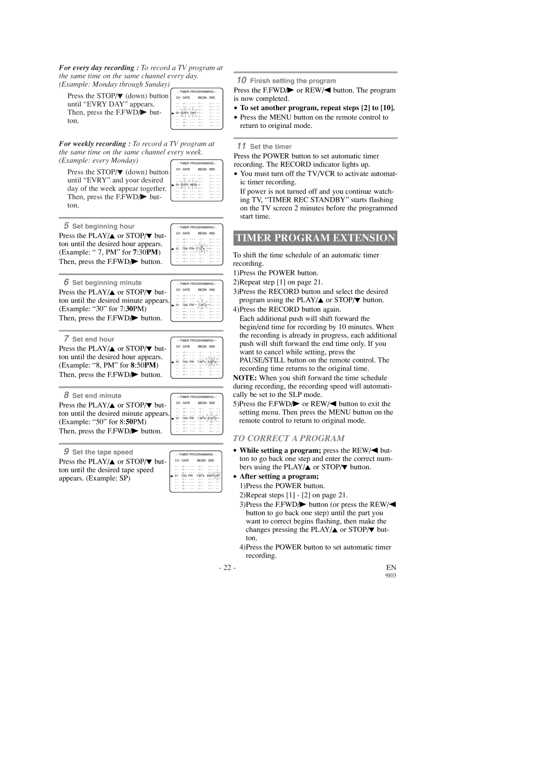 FUNAI SC1303, SC1903 owner manual Timer Program Extension, To Correct a Program, To set another program, repeat steps 2 to 