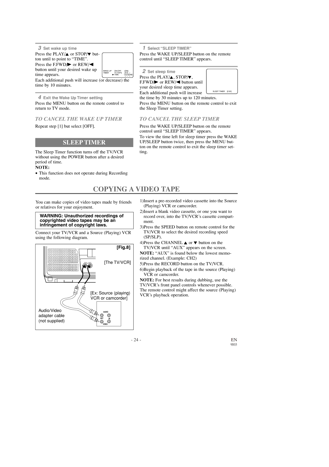 FUNAI SC1303, SC1903 owner manual Copying a Video Tape, To Cancel the Wake UP Timer, To Cancel the Sleep Timer 