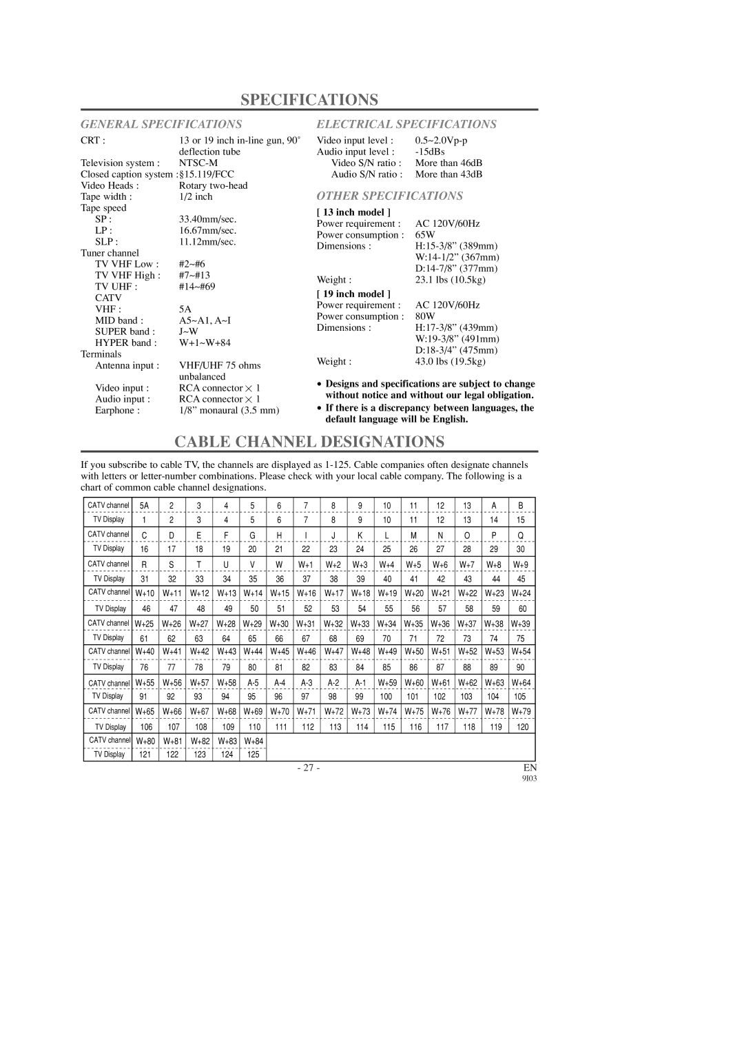 FUNAI SC1903 Cable Channel Designations, General Specifications, Electrical Specifications, Other Specifications 