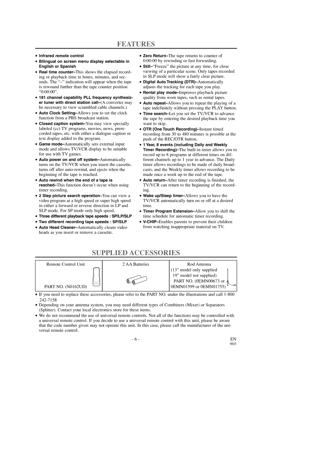 FUNAI SC1303, SC1903 owner manual Features, Supplied Accessories 