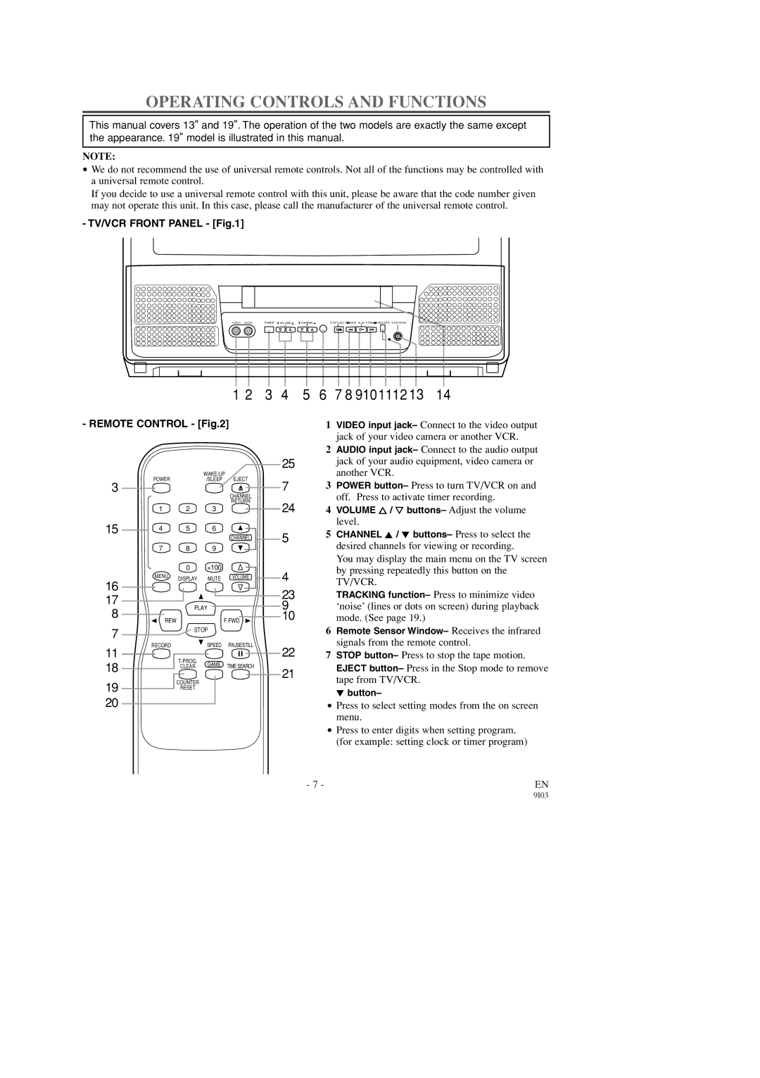 FUNAI SC1903, SC1303 owner manual Operating Controls and Functions, TV/VCR Front Panel, Remote Control, Tv/Vcr 