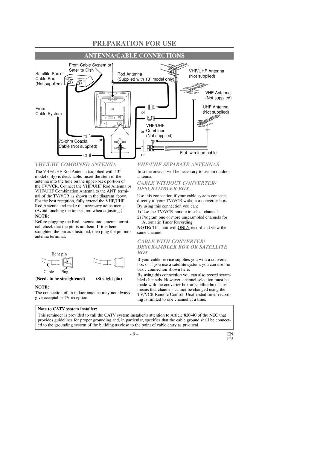 FUNAI SC1903, SC1303 owner manual Preparation for USE, ANTENNA/CABLE Connections 