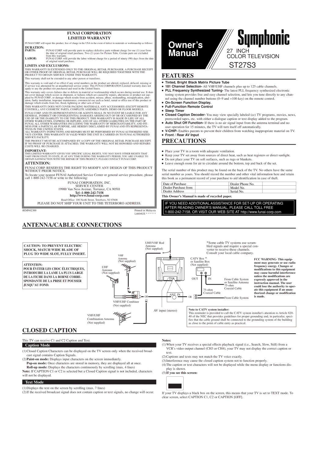 FUNAI ST27S3 owner manual Features, Precautions, ANTENNA/CABLE Connections, Closed Caption 