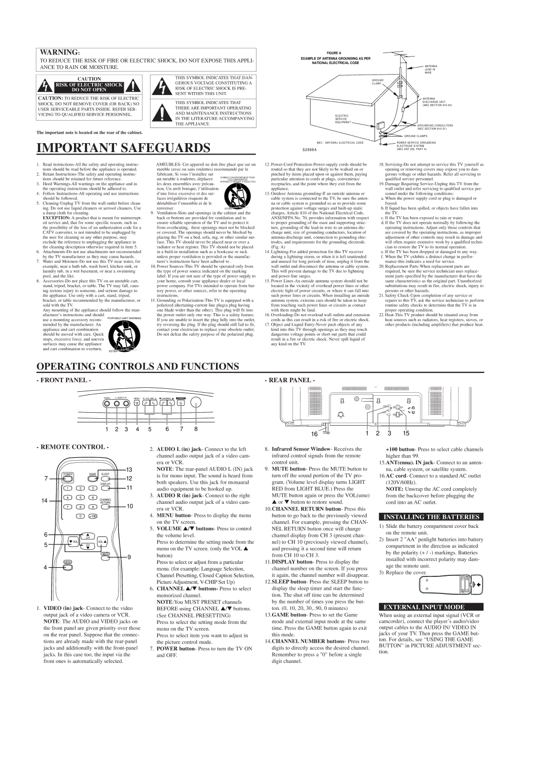 FUNAI ST27S3 owner manual Operating Controls and Functions, Installing the Batteries, External Input Mode 