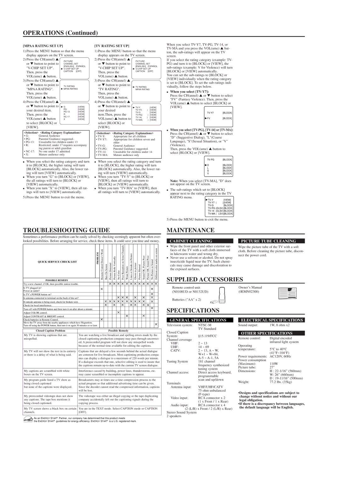 FUNAI ST27S3 owner manual Troubleshooting Guide, Maintenance, Supplied Accessories, Specifications 