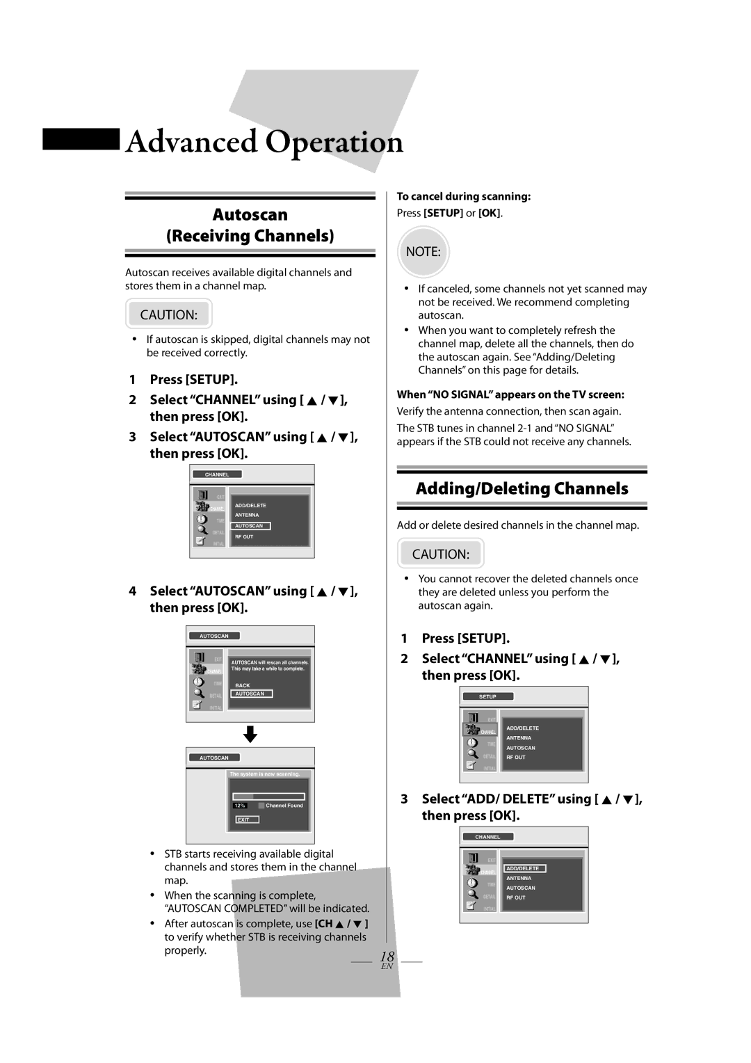 FUNAI TB100HH9 owner manual Advanced Operation, Autoscan Receiving Channels, Adding/Deleting Channels, Press Setup 