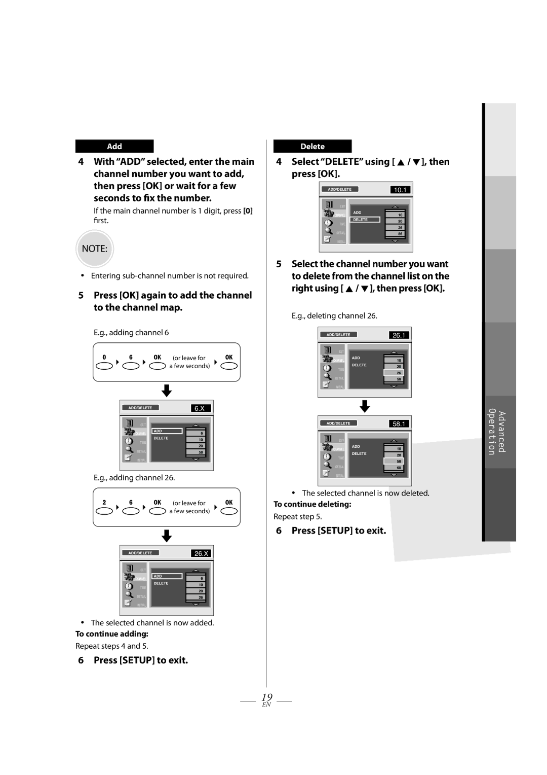 FUNAI TB100HH9 owner manual Press OK again to add the channel to the channel map, Press Setup to exit, Add, Delete 