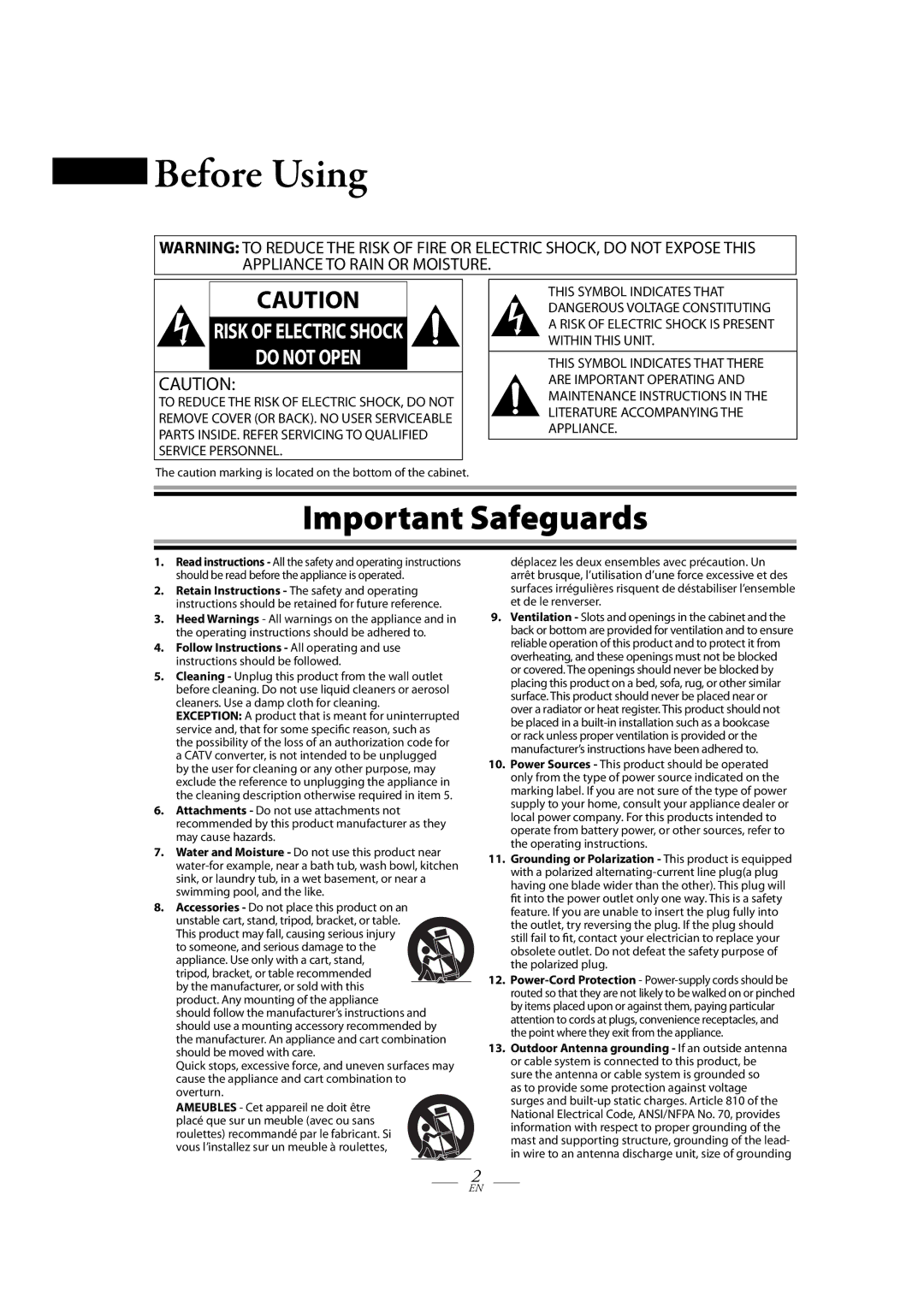 FUNAI TB100HH9 owner manual Before Using, Risk of Electric Shock Do not Open 