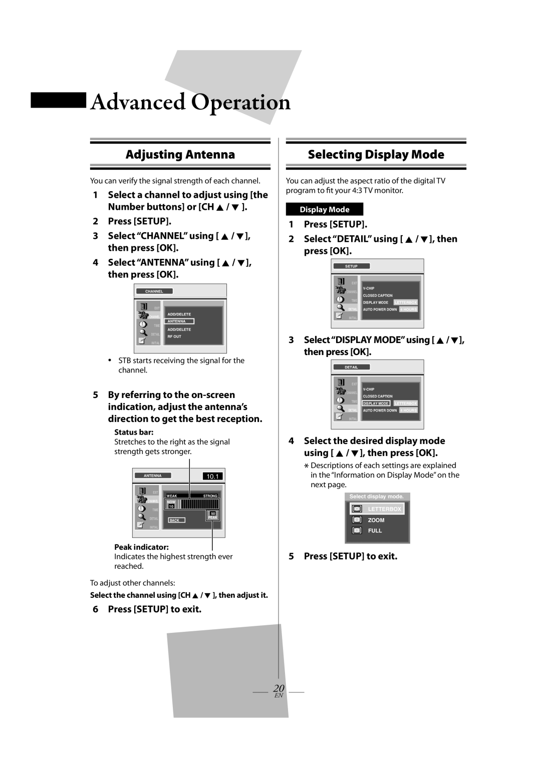 FUNAI TB100HH9 owner manual Adjusting Antenna, Selecting Display Mode, Press Setup Select Detail using K / L, then press OK 