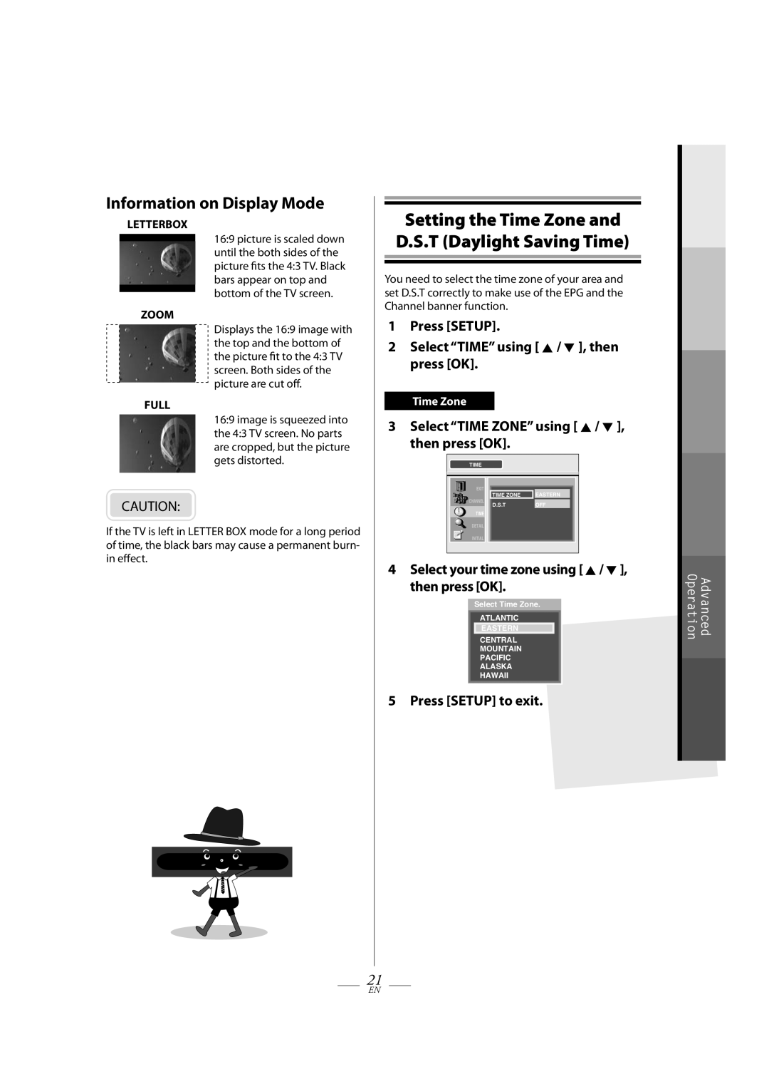 FUNAI TB100HH9 owner manual Information on Display Mode, Setting the Time Zone and D.S.T Daylight Saving Time 