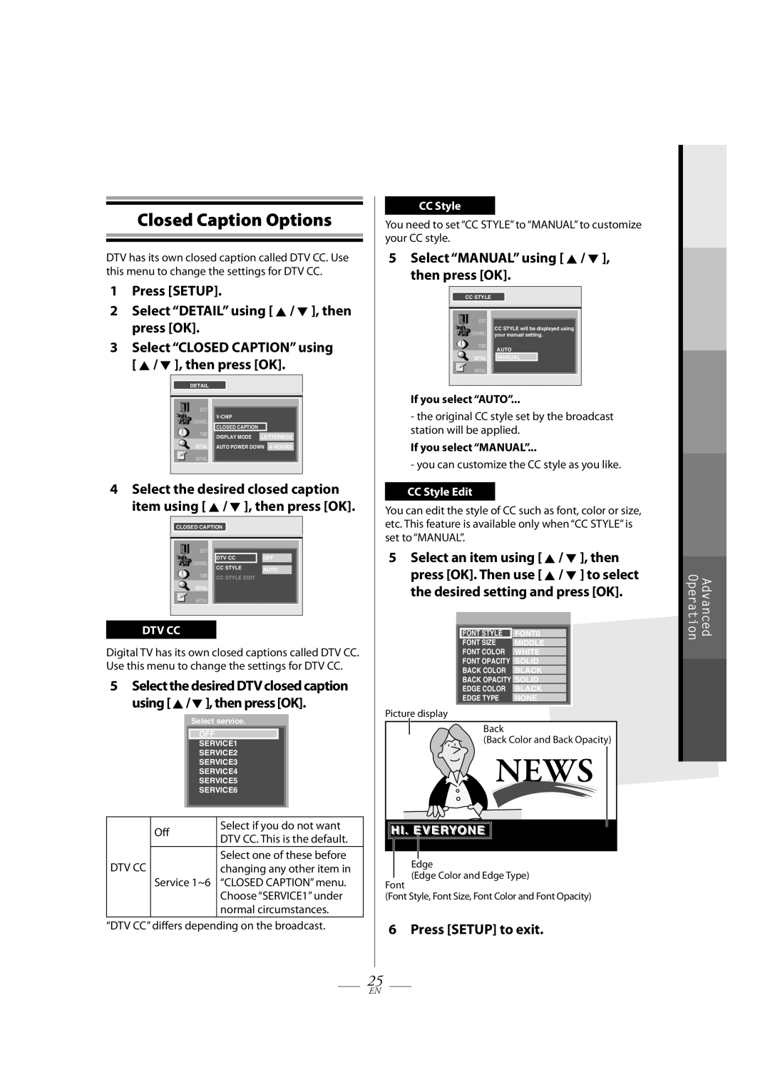 FUNAI TB100HH9 owner manual Closed Caption Options, Press Setup Select Detail using K / L , then press OK 