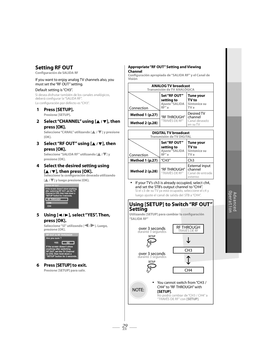 FUNAI TB100HH9 owner manual Setting RF OUT, Using Setup to Switch RF OUT Setting, Select RF OUT using K / L, then press OK 