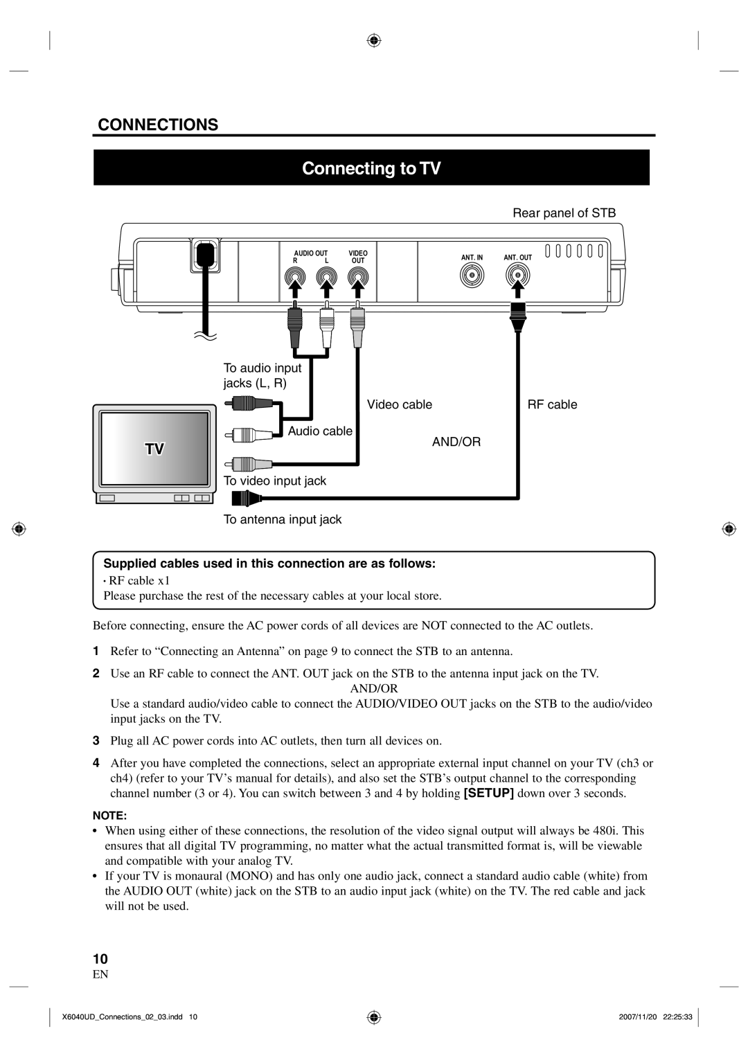 FUNAI TB100MW9 owner manual Connecting to TV, Supplied cables used in this connection are as follows 