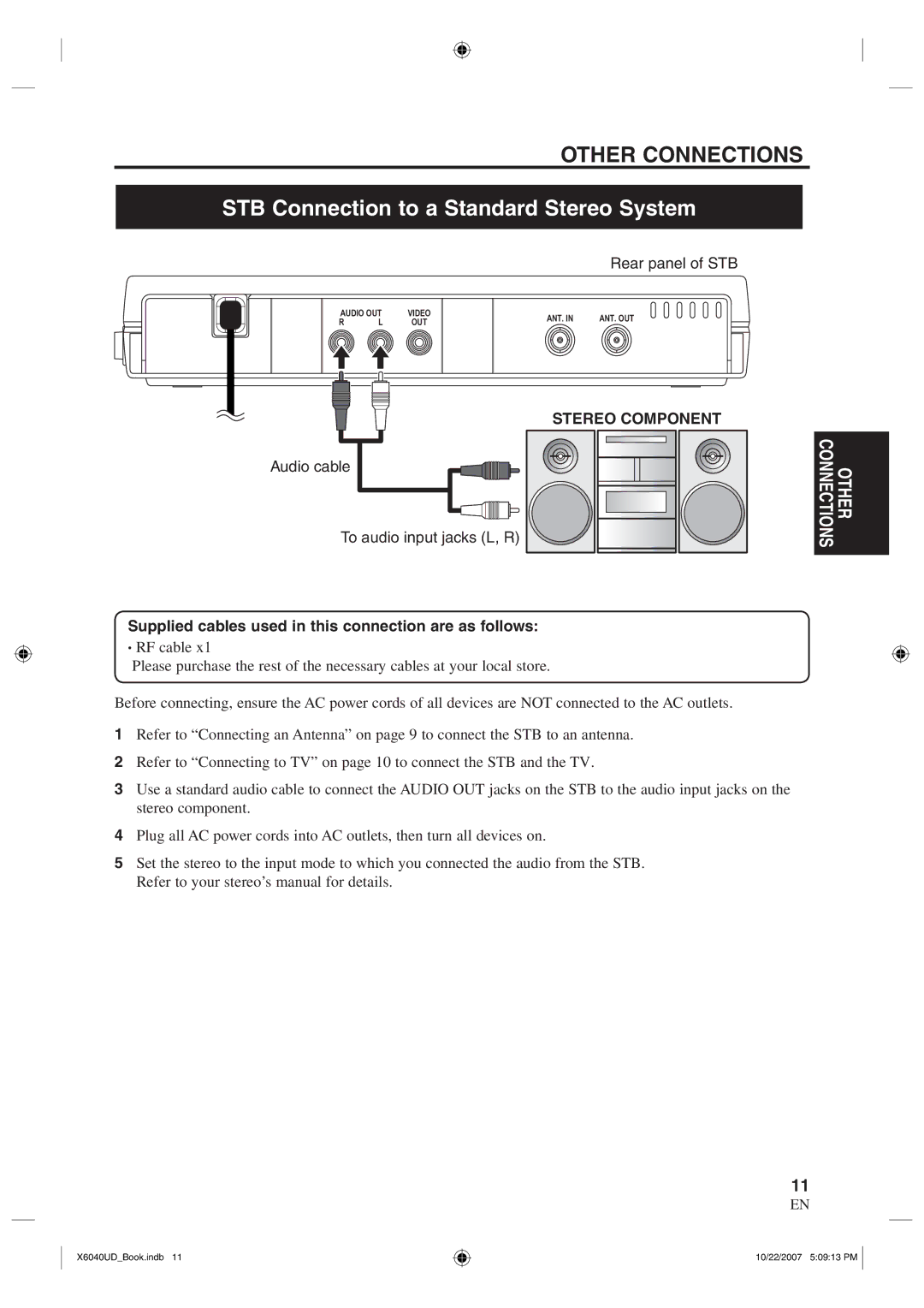 FUNAI TB100MW9 owner manual Other Connections, STB Connection to a Standard Stereo System 